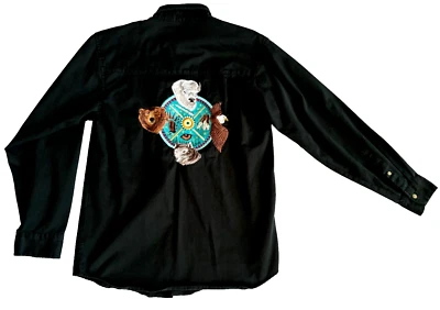 Men's Embroidered Button Up Shirt Southwestern Bison Eagle Bear Wolf Small Black - Image 1 of 4