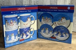 Snow Family Fun Set Of Four 4 Salad/Dessert Plates 4 Cups Holiday Winter Decor - Picture 1 of 7
