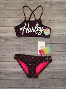 New! Girl's Hurley Black Pink Hearts Logo Bikini Swimsuit S M L XL - Picture 1 of 6