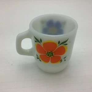 Fire King Anchor Hocking Milk Glass Coffee Cup w/ Orange/blue Flower Stackable - Picture 1 of 4