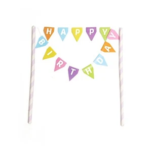 Happy Birthday Cake Topper Banner Set Lavender Paper Straws Party Decorations - Picture 1 of 9