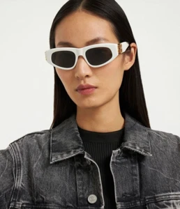 Balenciaga Women Sunglasses White Gold Logo Grey Cat Eye BB0095S 012 NEW - Picture 1 of 15