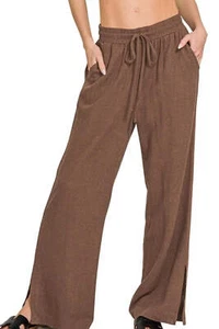 Zenana Linen Pocketed Elastic Waist Pull-On Drawstring Wide Leg Pants in Brown - Picture 1 of 5