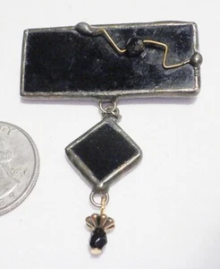 Vintage Modernist Abstract Black Glass Rectangle w/Dangle Antiqued Brass Pin - Picture 1 of 2