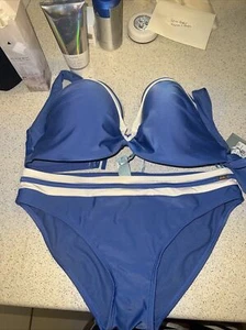 Panache DENIM/IVORY Portofino Underwire Two Piece Bikini 32FF Top Small Bottom - Picture 1 of 4