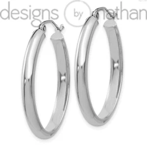 Designs by Nathan | 14k White Gold Polished Oval Hoop Earrings - Picture 1 of 12