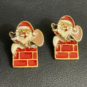 Pair Festive Santa in Chimney Front to Back Post Earrings By AIM Kitschy Signed - Picture 1 of 4