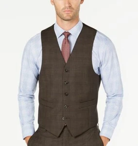 $160 Michael Kors Men Brown Classic Fit 5 Button Wool Plaid Dress Suit Vest 39 R - Picture 1 of 2