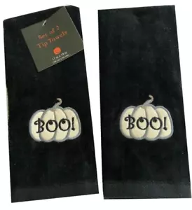 Halloween Fingertip Towels Boo Pumpkin Embroidered Black Guest Applique Set of 2 - Picture 1 of 12