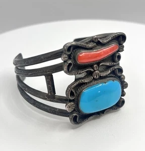 Sterling Silber Navajo Türkis, Koralle Armreif Armband (Vintage) 59,8 g 6,5" 43 mm B - Bild 1 von 12