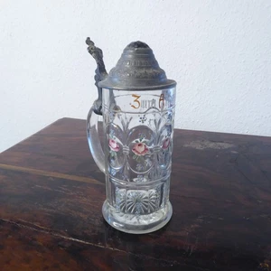Sehr schöner antiker Bierkrug Glas mit Zinndeckel und farbigem Glasstein  (BK2) - Bild 1 von 11
