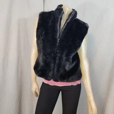 Chaqueta Chaleco Vintage Cejón Negro Imitación Piel Cremallera Completa Frontal MEDIANO Forrado Vegano Foto 1 de 4