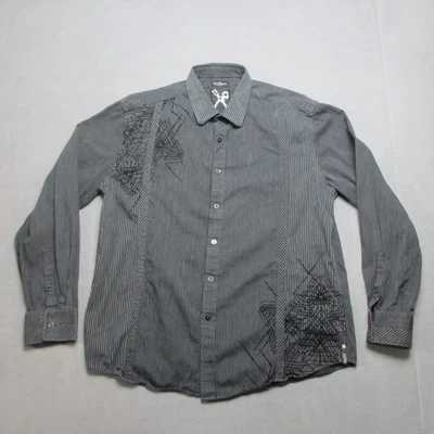 Marc Ecko Shirt Mens XL Black Pinstripe Cut & Sew Embroidered Tribal Button Up - Image 1 of 4