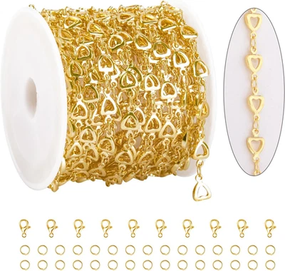 Cadena de corazón hueco de 13 pies para hacer joyas chapado en oro de 18 quilates joyería de latón Chai Foto 1 de 4