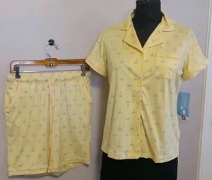 Muk Luks Yellow Teal Blue Palm Tree Shortsleeve Shirt Shorts Pajama Set Size S - Picture 1 of 9