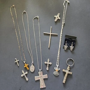 Vintage Religious Lot Christian Cross Pendant Necklace Silver Tone Angel Earring - Picture 1 of 6