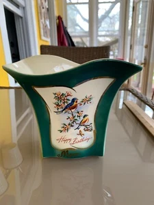 Vaso Buon Compleanno Mamma Verde Con Fiori E Uccellini Vintage Buone Condizioni - Foto 1 di 4