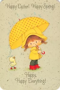 Feliz Pascua y Primavera, Linda Niña Abrigo Amarillo Paraguas Patito, Postal De Colección - Imagen 1 de 2