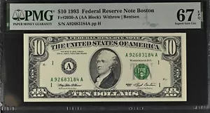 1993 $10 Federal Reserve Note Fr-2030-A Boston PMG67 Superb Gem EPQ - Picture 1 of 2