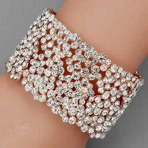 ROSE GOLD Plated Crystal Rhinestone Wedding Bangle Cuff Stretch Bracelet 07780 - Picture 1 of 6