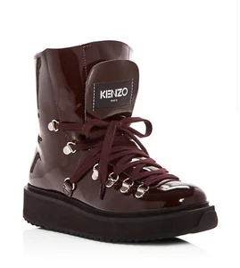 KENZO Women Alaska Patent Leather Shearling Platform Booties 39 Burgundy NEW - Picture 1 of 16