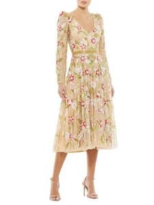 Mac Duggal LONG SLEEVE FLORAL BEADED SEQUIN V Neck MIDI DRESS Gold Size 6 $598 - Picture 1 of 8