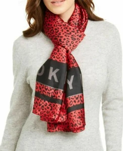 DKNY Rot Schwarz Gepard Leopard Logo Bordüre Polyester Mode Schal - Bild 1 von 1