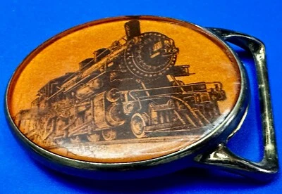 Fivela de cinto Von West vintage locomotiva trem ferroviário vintage 1986 madeira e latão - Imagem 1 de 4