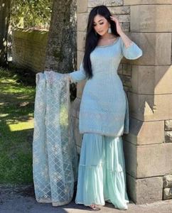 NEW GEORGETTE SALWAR KAMEEZ PAKISTANI WEDDING PARTY WEAR PALAZZO SUIT STYLE - Picture 1 of 7