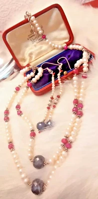 Parure Vittoriana Collana e Orecchini Zaffiri Rubini Perle Naturali Vere Argento - Immagine 1 di 4