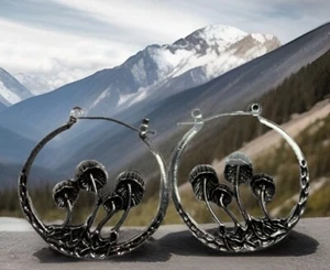 Mushroom Hoop Earrings 3D Unique Boho Gothic Pendant Jewelry Silver Tone NEW - Picture 1 of 9