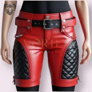 Men's Black&Red Leather Short Genuine Lambskin Leather Short Paded Style Short - Picture 1 of 4
