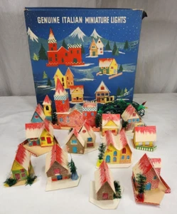 Vintage Italian Christmas Lighted Paper Houses Village Miniature Lights w/ Box - Picture 1 of 19