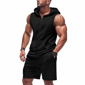Men Fitness Tracksuit 2-Piece Set Sleeveless Hood Vest T-Shirt Shorts Outfit Set - Picture 1 of 20