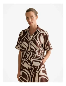 Trenery Kai Linen Short Sleeve Shirt in Chocolate -Size 12-5+ items free AU post - Picture 1 of 18