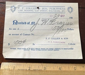 Quittung 1907, P.F Collier & Sohn Verlag, Baltimore Maryland 50 Cent - Bild 1 von 2