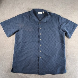 Caribbean Shirt Mens 2XT Navy Blue Textured Pleated Camp Collar Summer Button Up - Picture 1 of 10