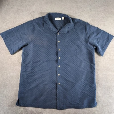 Caribbean Shirt Mens 2XT Navy Blue Textured Pleated Camp Collar Summer Button Up - Image 1 of 4