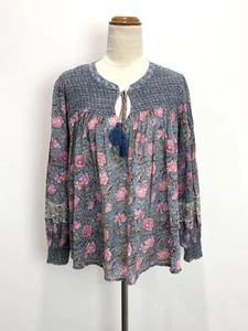 Rachel Zoe Womens Top M Pink Blue Floral Shirred Cuff Sleeve Cotton Boho Casual - Picture 1 of 10
