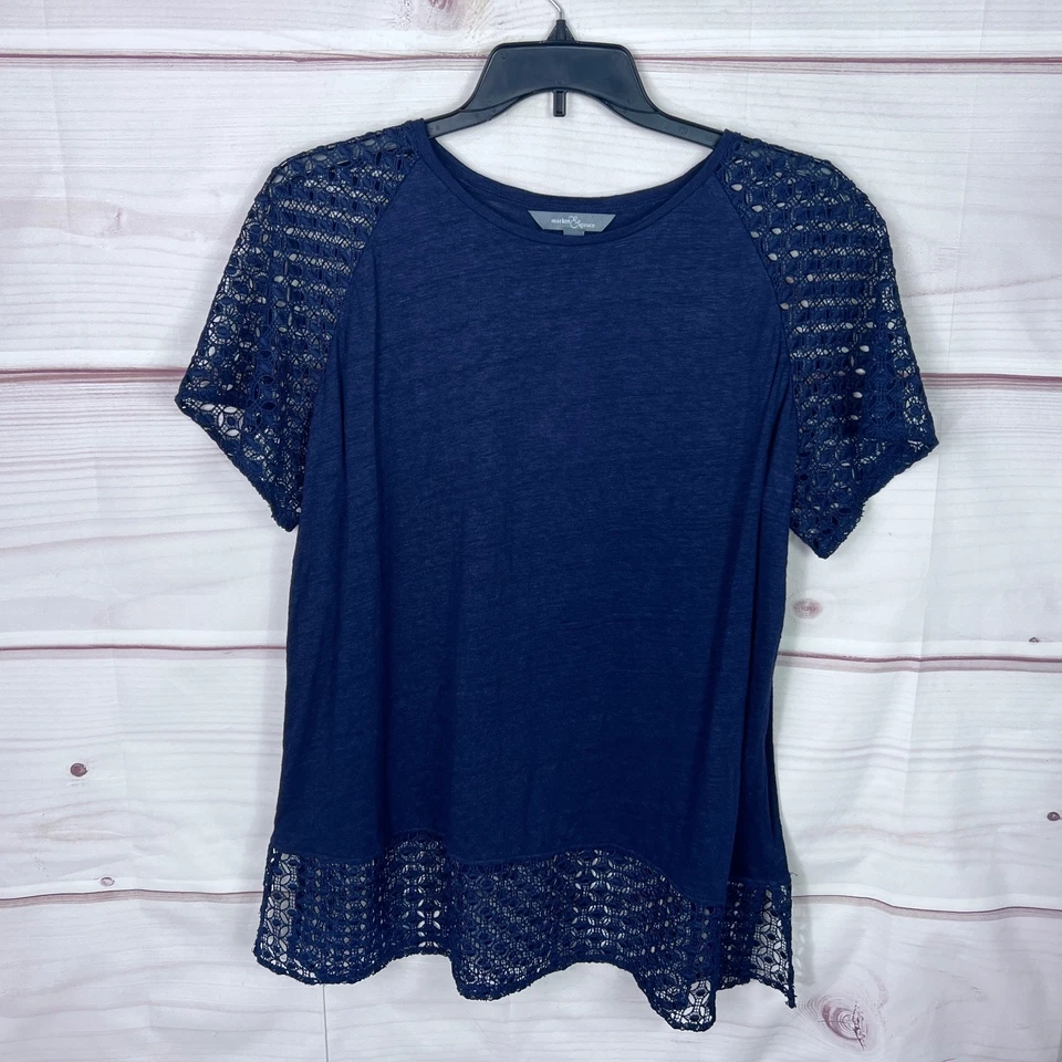 Market & Spruce Top Womens 2X Blue Linen T-Shirt Crochet Sleeve Solid Tunic Knit - Image 1 of 4