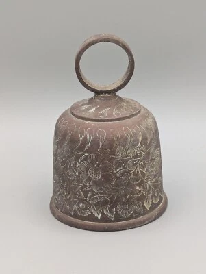 Vintage Etched Brass Indian Bell with Floral Pattern - Image 1 of 4