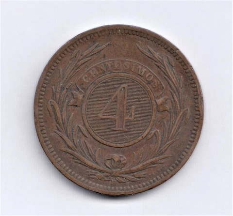 RARE URUGUAY COIN - 4 CENTESIMOS 1869 H - VF - KM# 13 🇺🇾 Cover