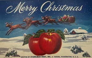 Frohe Weihnachten Original Vintage 40er Apfelkiste Etikett Weihnachtsmann Schlitten Rentier - Bild 1 von 3