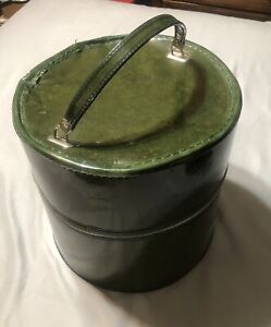Vintage 1960’s Green Vinyl￼ Patent Leather Wig Hat Box Travel Luggage Case MCM