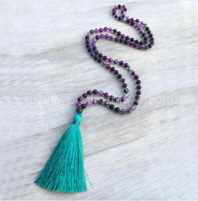 Collar de 108 cuentas borlas anudadas Japa Mala meditación yoga ágata púrpura Foto 1 de 4
