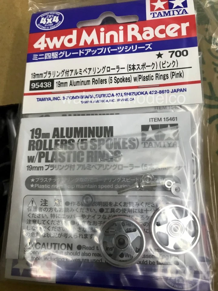 Tamiya 95438 1/32 Mini 4WD JR 19MM ALUMINUM ROLLERS 5 Spoke/Plastic Rings/Pink - Image 1 of 1