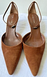 Sergio Rossi Cognac Suede Ankle Strap Pumps sz 37.5/7.5-8 Kitten Hls Shoes Italy - Picture 1 of 11