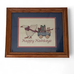 Completed Christmas 'Happy Holidays' Goose Wagon Cross Stitch Framed Finished - Picture 1 of 5