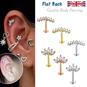 Labret Piercing Ear Ring Surgical Steel Stud Crystal Gem Flat Back Tragus Helix - Picture 1 of 24