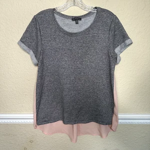 Market & Spruce Women's Medium Gray Knit Front Pink Flowy Back Office Top Shirt - Picture 1 of 5